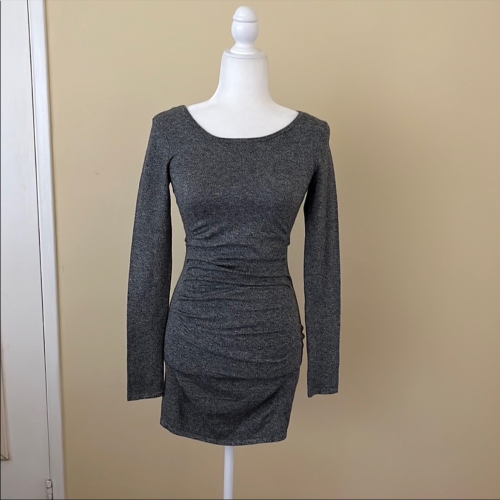 Charcoal gray bodycon dress with black color block back.